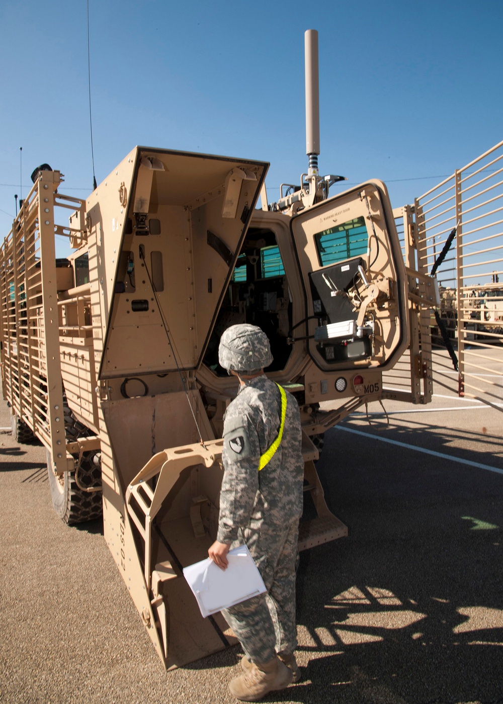 36th Engineer Brigade Soldier inspects the Robot Deployment System (RDS)
