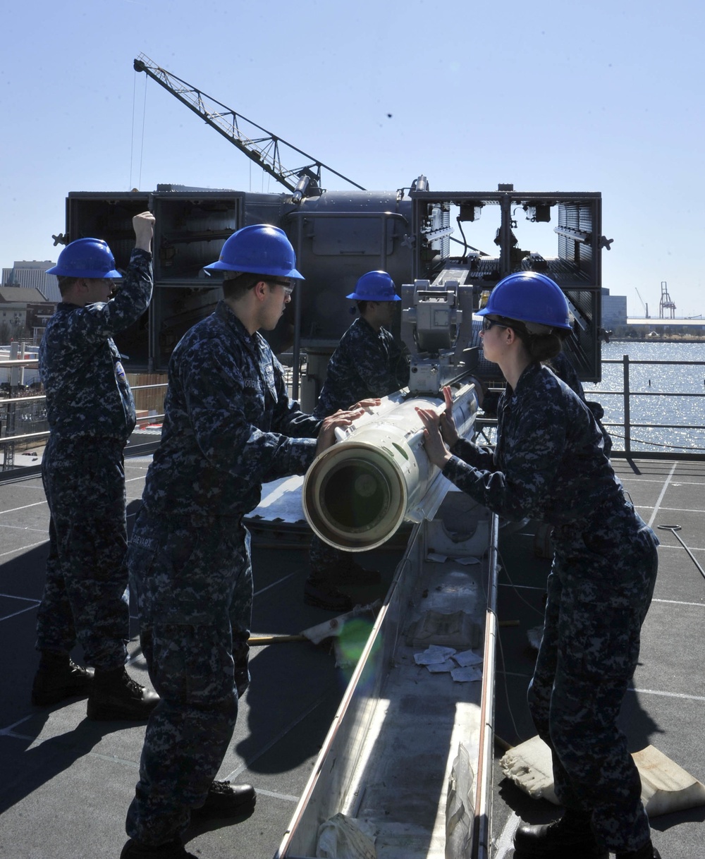 CVN 78 Combat Systems Sailors Load NATO Sea Sparrow missiles