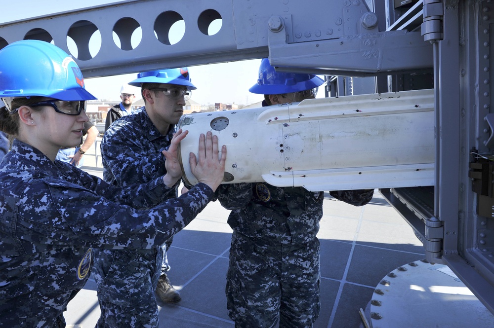 CVN 78 Combat Systems Sailors Load NATO Sea Sparrow missiles