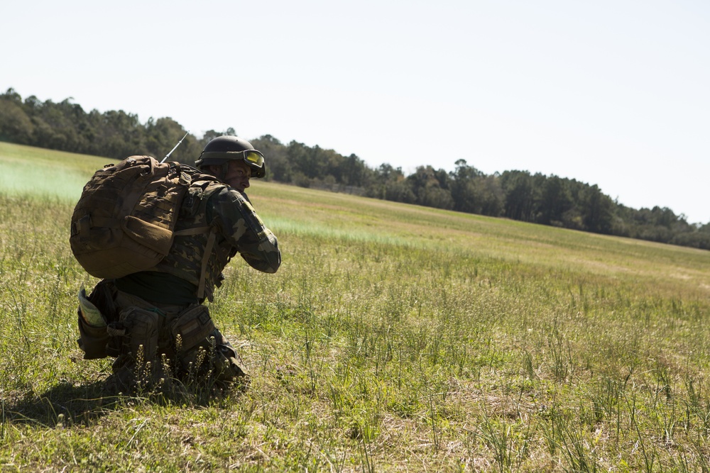 A soldier in camouflage gear is kneeling in a grassy field, appearing to communicate via radio while carrying a large tactical backpack. The setting appears to be a military training exercise or field operation, with a treeline visible in the background. Green smoke is faintly visible in the background, suggesting a smoke signal or marker has been deployed.