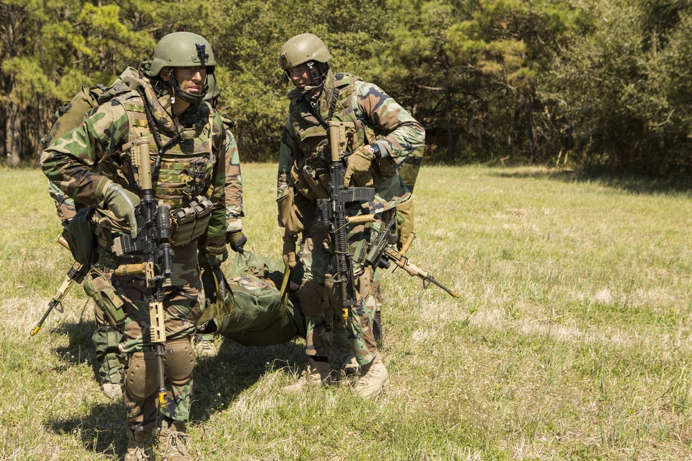 Two armed military personnel in woodland camouflage uniforms and tactical gear are carrying what appears to be a casualty or equipment bundle across an open grassy field. Both soldiers are equipped with assault rifles, body armor, helmets, and full combat loadouts. The setting appears to be a training exercise in a field environment bordered by dense tree line.