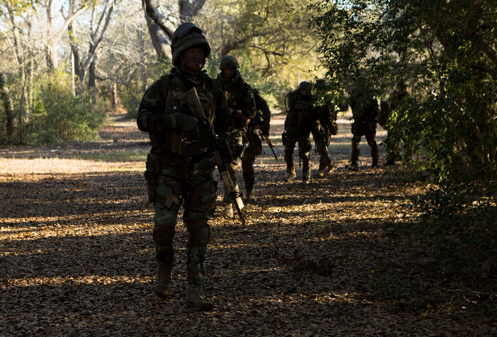 A column of military personnel in camouflage uniforms and helmets patrol along a leaf-covered dirt trail through a wooded area. The lead soldier carries a rifle at the low-ready position while additional soldiers follow in single file behind. The scene appears to be a training exercise or tactical patrol in a temperate forest environment.