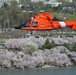 Coast Guard helicopter crew flies above the cherry blossoms