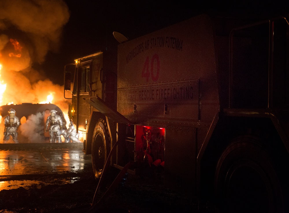 On fire for training: Aircraft Rescue Fire Fighting Marines sharpen skills on Marine Corps Air Station Futenma