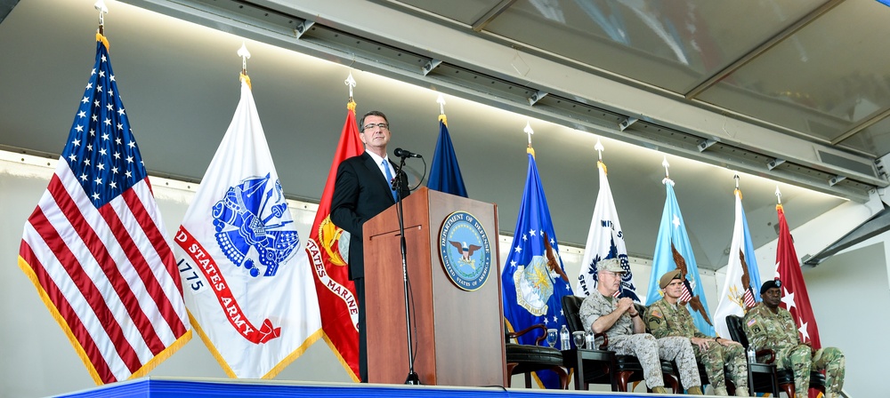 SD delivers remarks during the CENTCOM change-of-command ceremony.