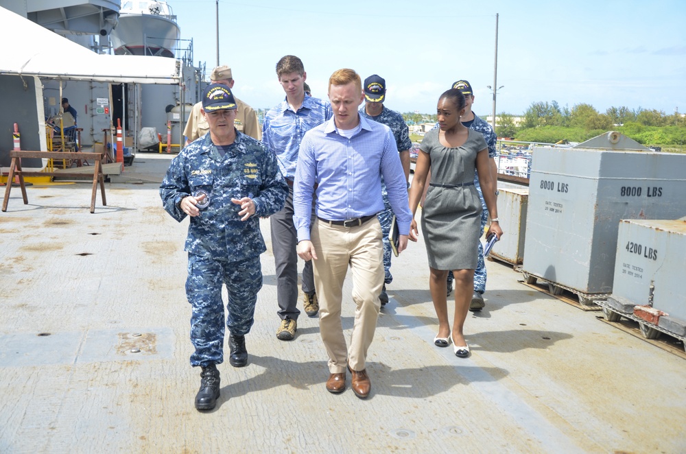 Cdr. Edward Callahan, executive officer, USS Frank Cable (AS 40), gives a Congressional delegation tour in Guam