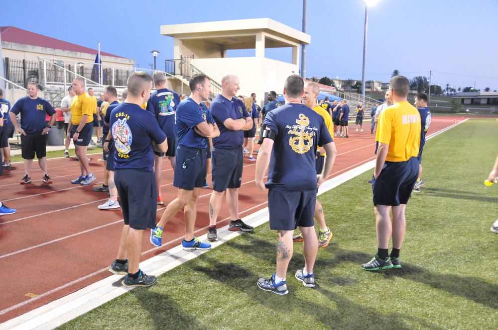 Chief Petty Officers from Submarine Squadron (SUBRON) 15 prepare for the CPO Birthday 5K at NBG