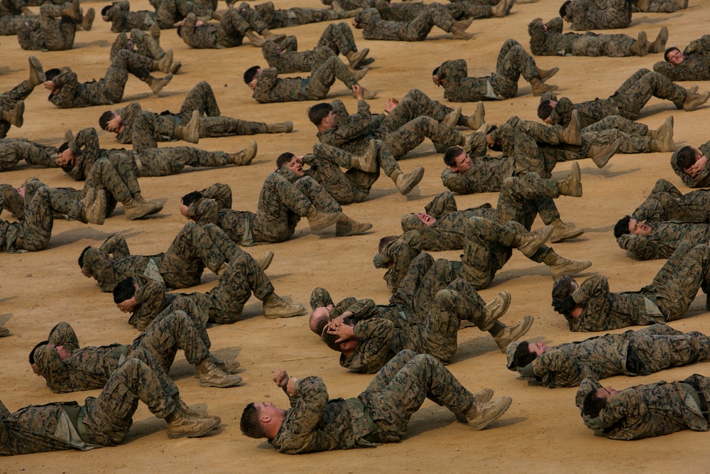 U.S. Marines and R.O.K. Marines conduct physical training