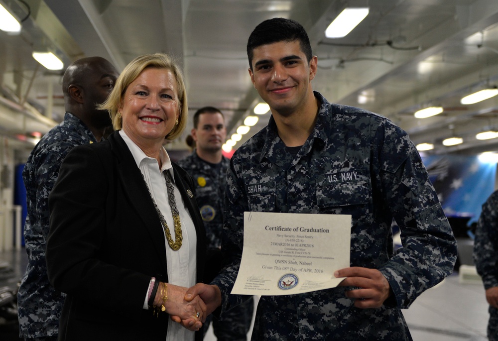 Ship Sponsor Meets Ford's Newest In-Port Security Graduates