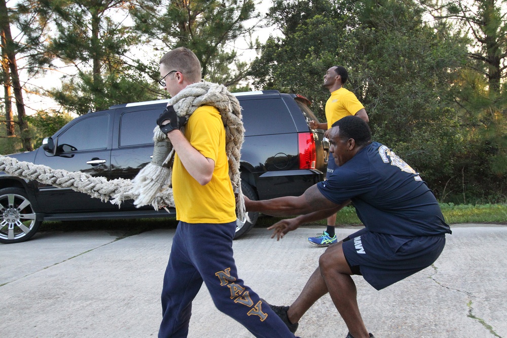 FRCSE Chiefs mark their birthday with PT session for Sailors