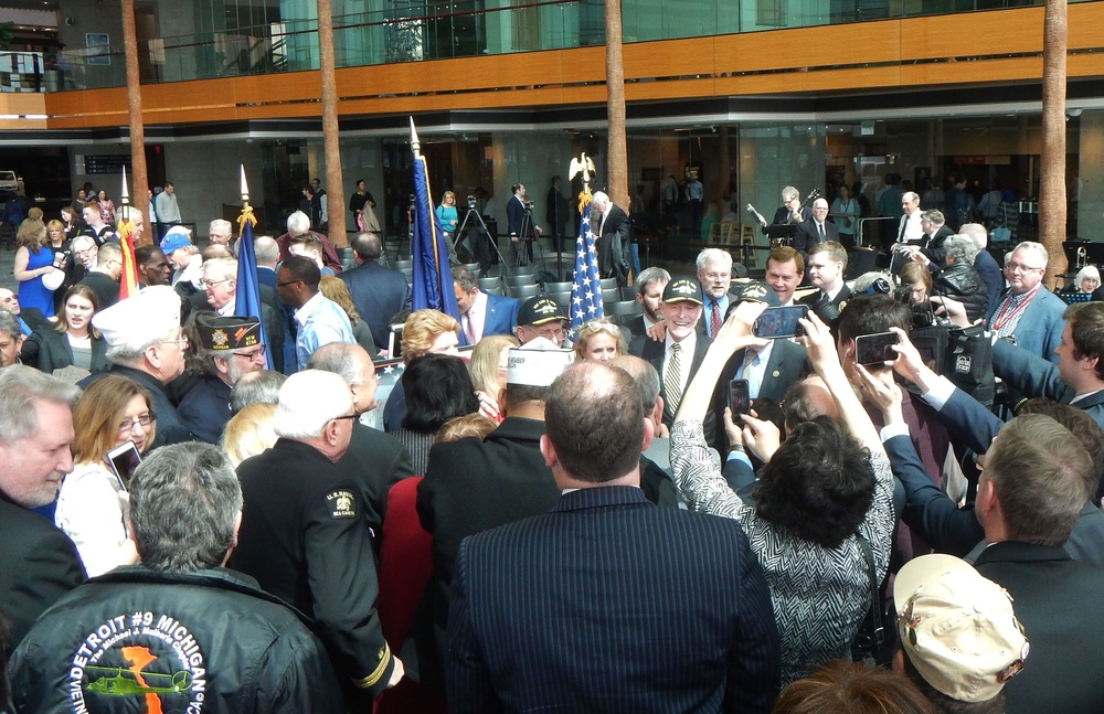 Secretary Mabus and Sen. Carl M. Levin Greet Crowd at Detroit Navy Ceremony