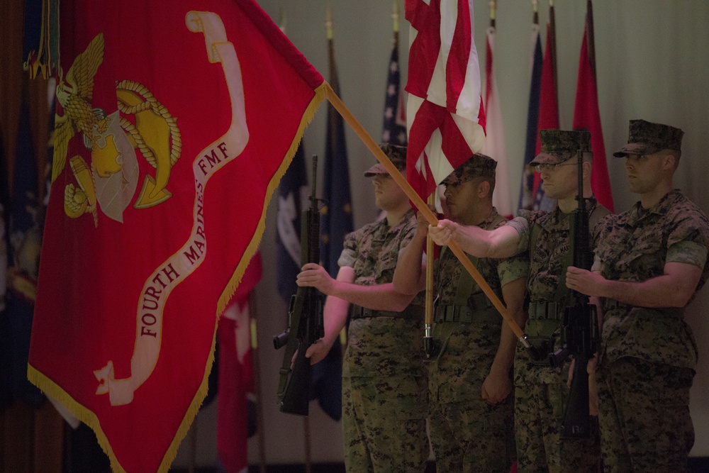 Marines Perform Color Guard Routine For 4th Marine Regiment Birthday