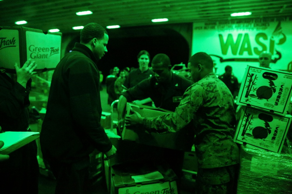 22nd MEU Marines and USS Wasp Sailors resupply at sea