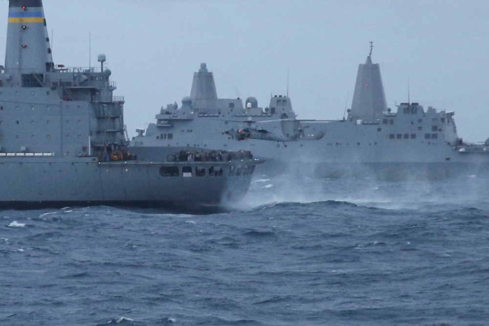 22nd MEU Marines and USS Wasp Sailors resupply at sea