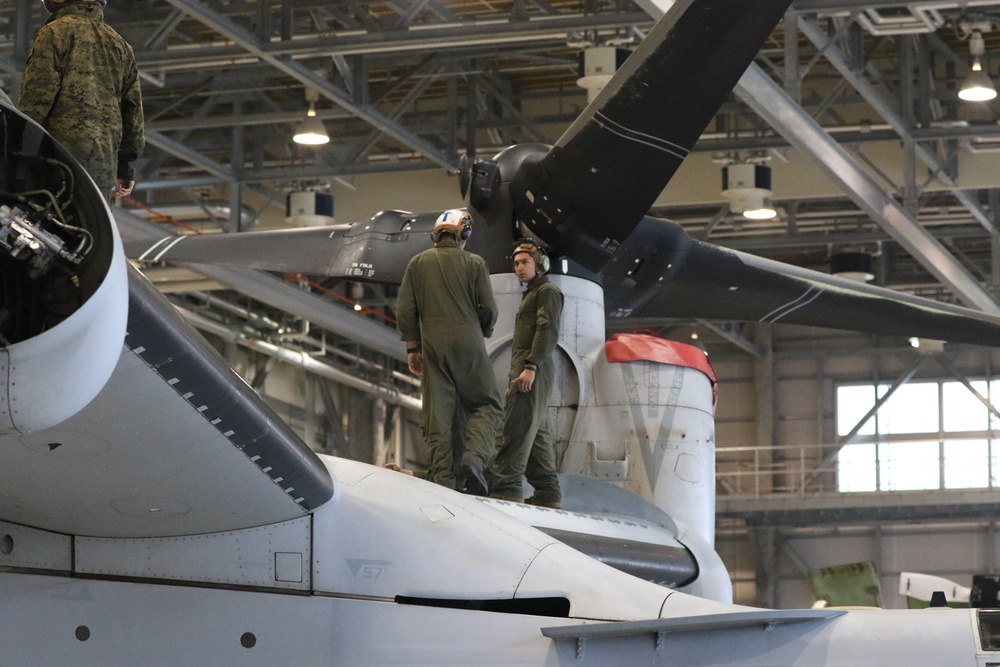 VMM-265 Marines conduct maintenance on MV-22 Osprey aircraft