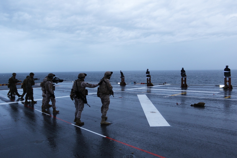 U.S. &amp; Spanish Marines conduct a deck shoot during AMPHIBEX 16.1