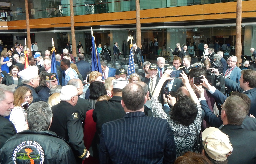 Secretary Mabus and Sen. Carl M. Levin Greet Crowd at Detroit Navy Ceremony