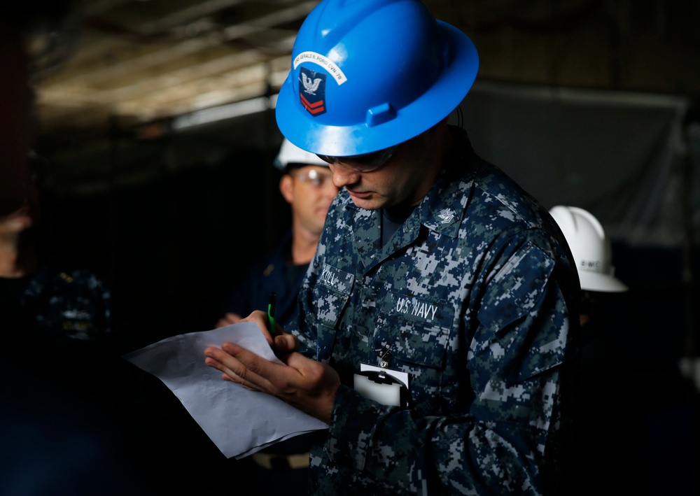 Ford Sailors participate in an Abandon Ship Drill