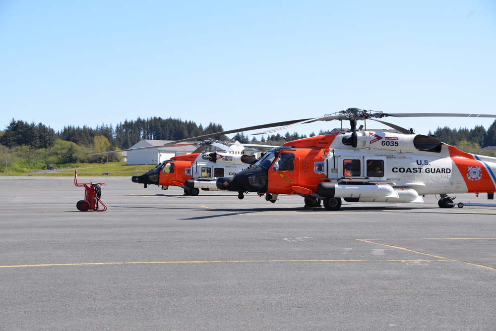Coast Guard MH-60 Jayhawk Helicopters on the flightline at Air Station Kodiak, Alaska