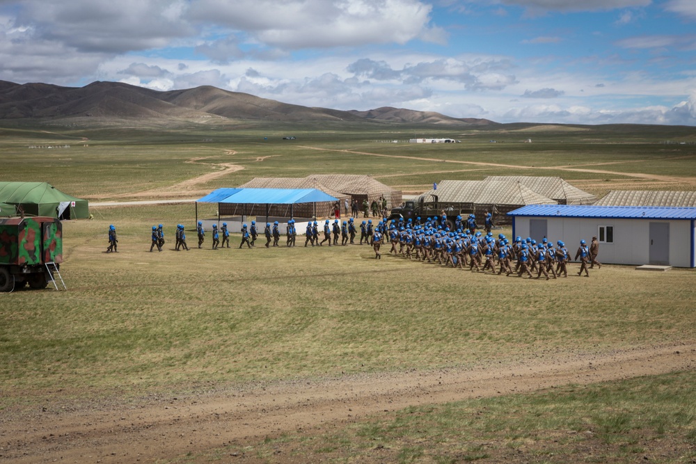 Soldiers with the Mongolian Armed Forces participate in minefield self-extraction training during Khaan Quest 2016