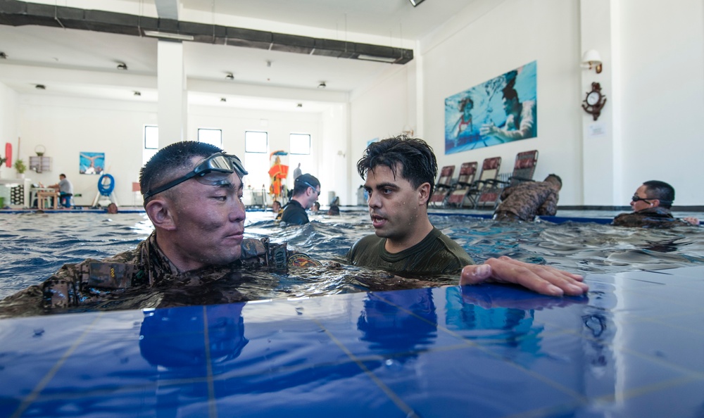 U.S. Reconnaissance Marines, Mongolian soldiers train on basic water survival techniques during Khaan Quest 2016