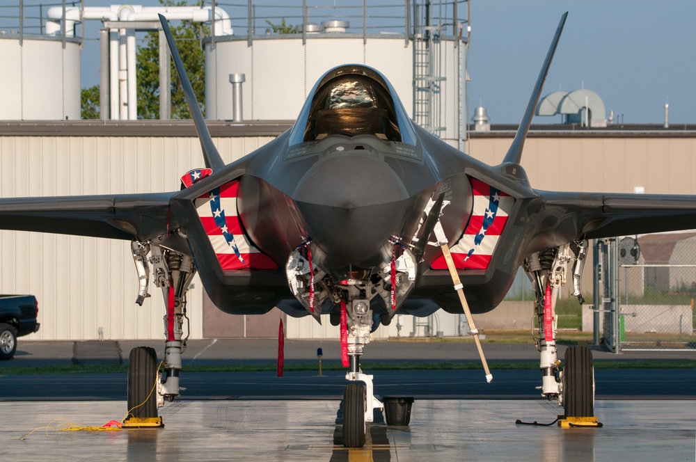 F-35 Lightining II with crew-designed red, white and blue inlet covers