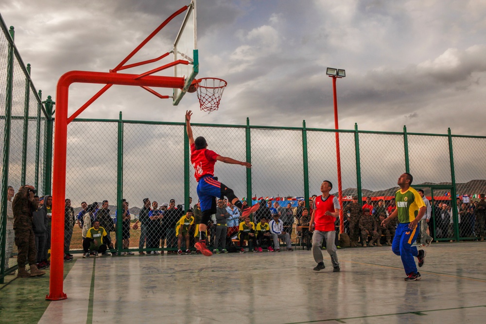 Multinational service members participate in a basketball tournament during Khaan Quest 2016