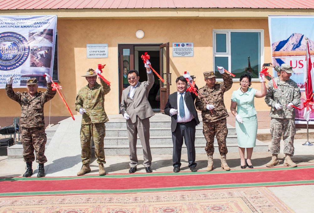 U.S. Marines, Soldiers, Sailors along with Mongolian, Singaporean, Indian Armed Forces participate in an ENCAP ribbon-cutting ceremony during Khaan Quest 2016.