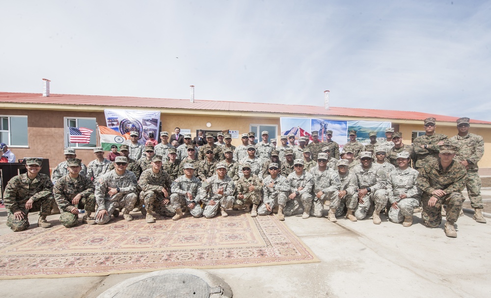 U.S. Marines, Soldiers, Sailors along with Mongolian, Singaporean, Indian Armed Forces participate in an ENCAP ribbon-cutting ceremony during Khaan Quest 2016.