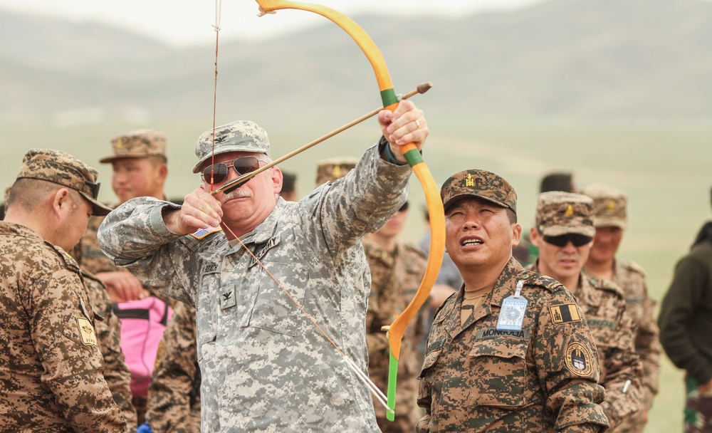 Multionational servicemembers participate in a Naadam Festival during Khaan Quest 2016.