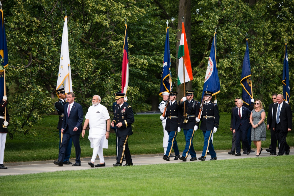 Prime Minister of India lays a wreath at the Tomb of the Unknown Soldier in Arlington National Cemetery