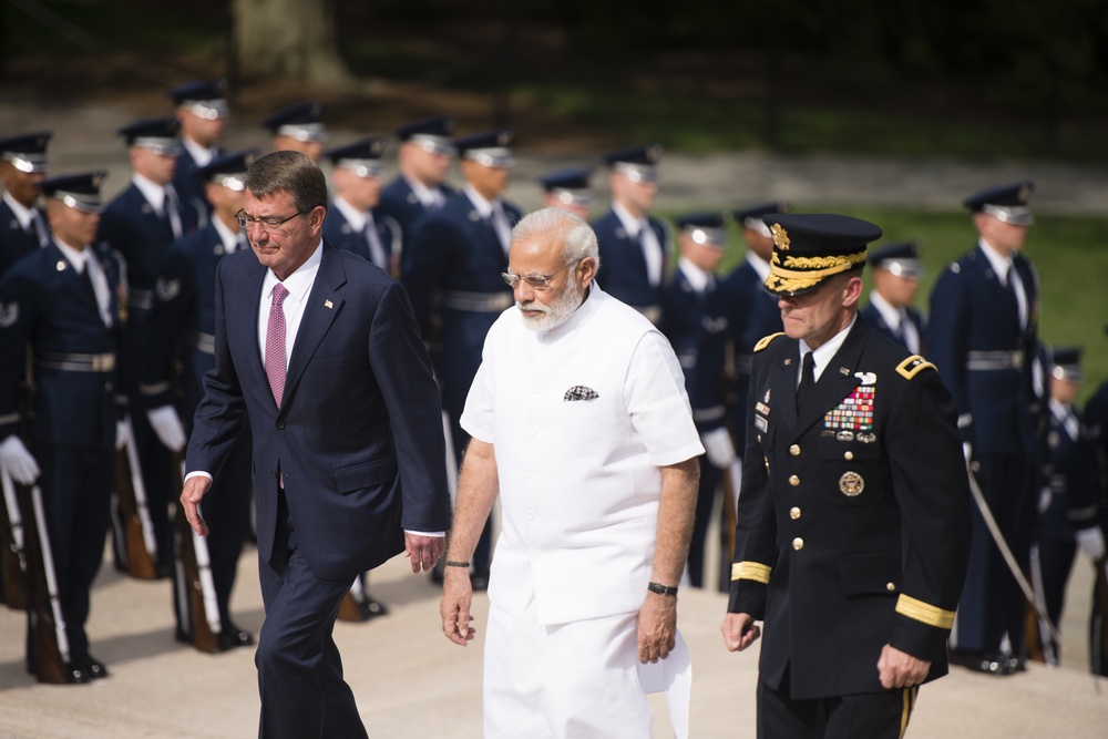 Prime Minister of India lays a wreath at the Tomb of the Unknown Soldier in Arlington National Cemetery