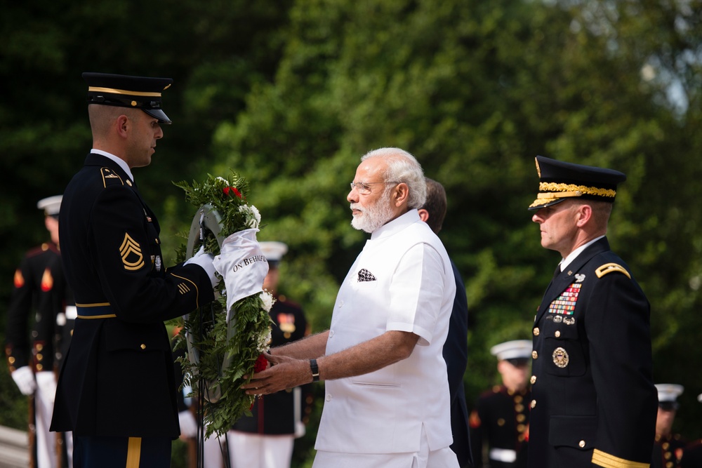 Prime Minister of India lays a wreath at the Tomb of the Unknown Soldier in Arlington National Cemetery