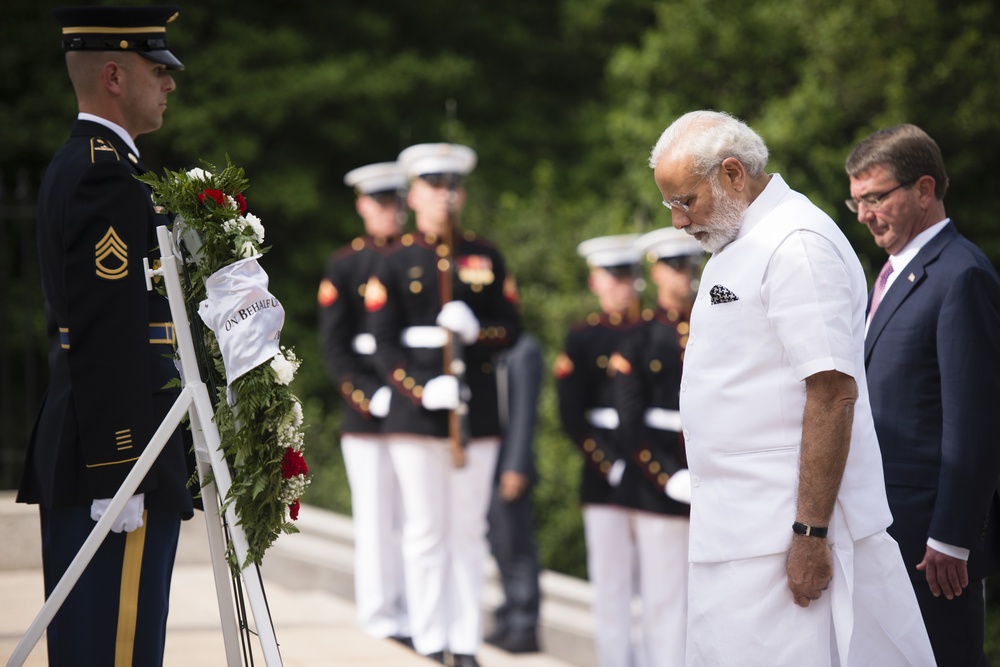 Prime Minister of India lays a wreath at the Tomb of the Unknown Soldier in Arlington National Cemetery