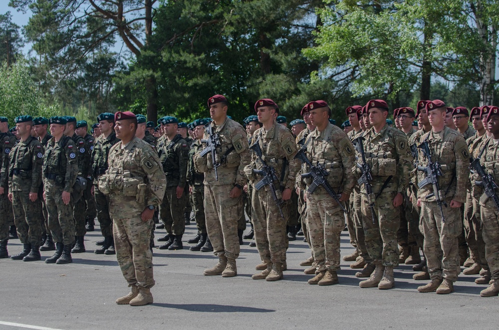 Soldiers from the 173rd Airborne Brigade during the opening ceremony of Exercise Anakonda 2016