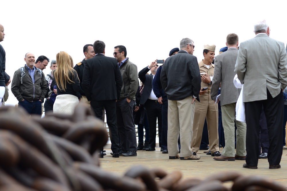 Attendees of the 19th semi-annual Multi-lateral Maritime Counter Drug Seminar gather on the buoy deck of the USCGC Aspen