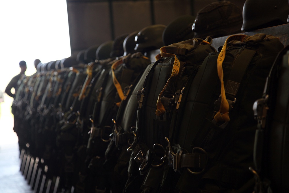 U.S. ARMY PARATROOPERS JUMP FROM A BALLOON IN BELGIUM