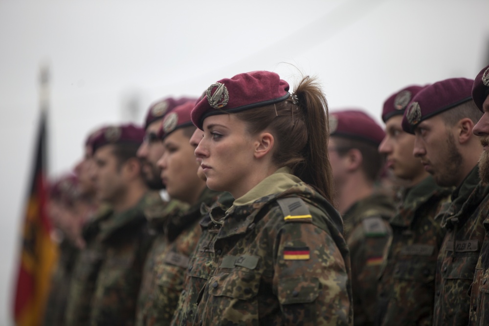 German Soldiers participate in a joint ceremony with U.S. Soldiers in Picauville, France