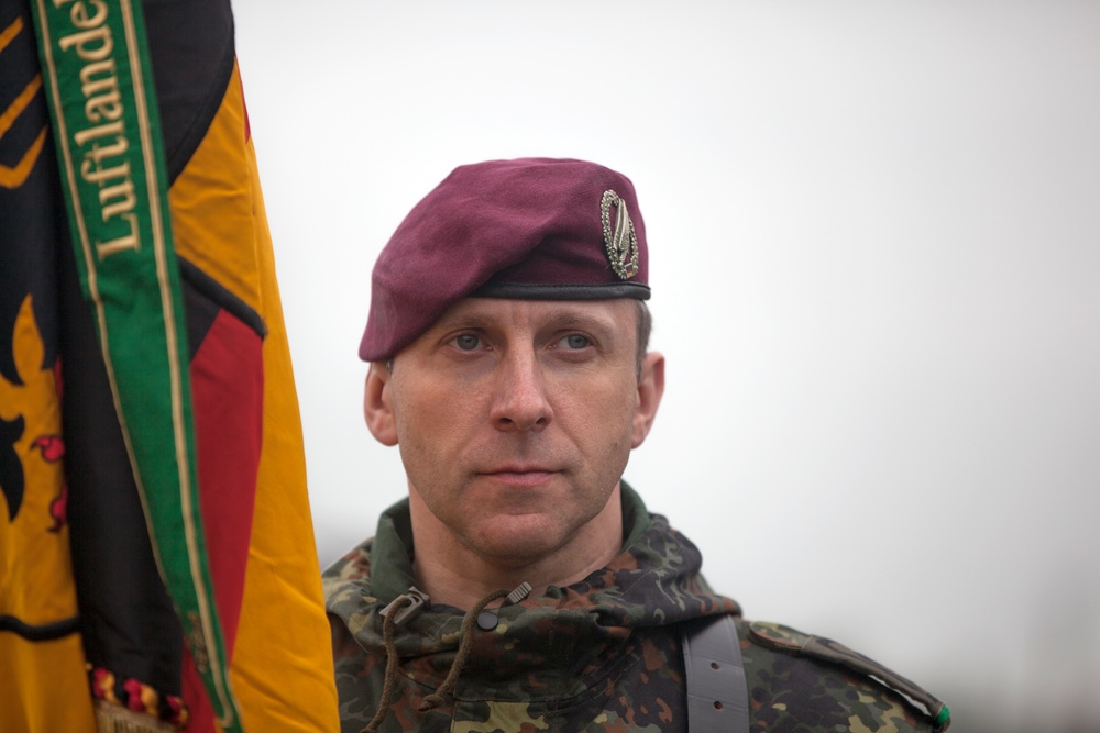 German Soldiers participate in a joint ceremony with U.S. Soldiers in Picauville, France