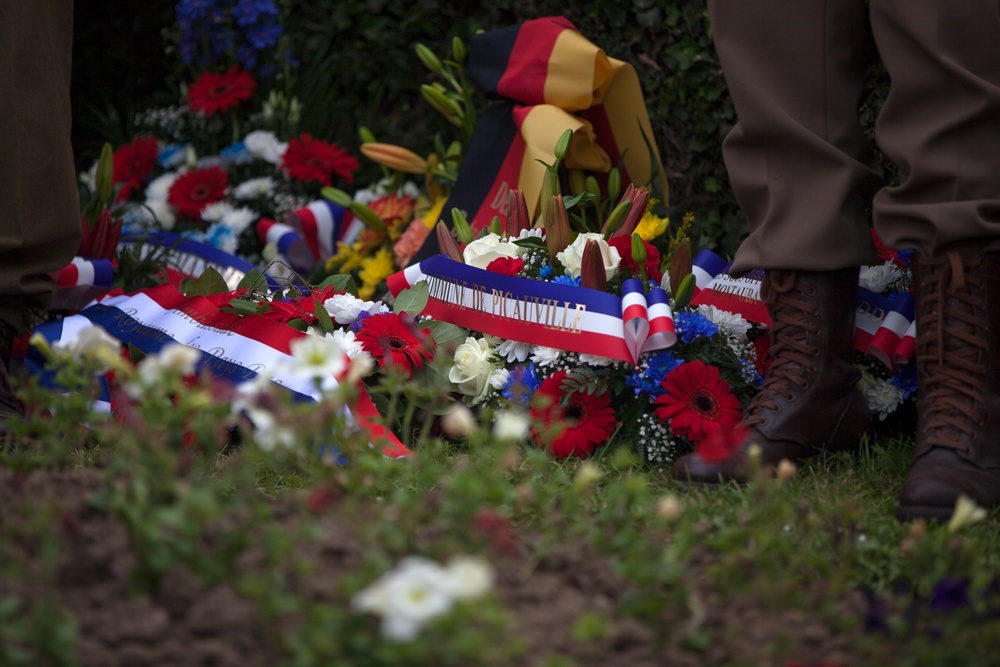 German Soldiers participate in a joint ceremony with U.S. Soldiers in Picauville, France