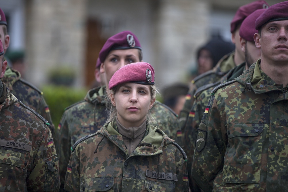 German Soldiers participate in a joint ceremony with U.S. Soldiers in Picauville, France