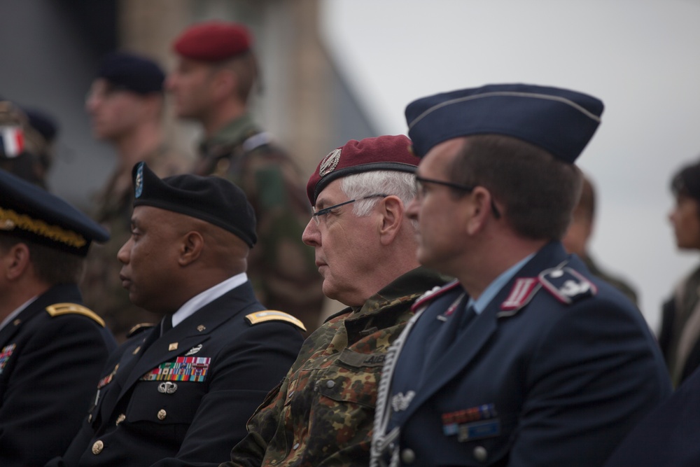 German Soldiers participate in a joint ceremony with U.S. Soldiers in Picauville, France