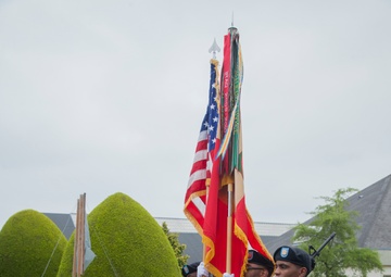 German Soldiers participate in a joint ceremony with U.S. Soldiers in Picauville, France
