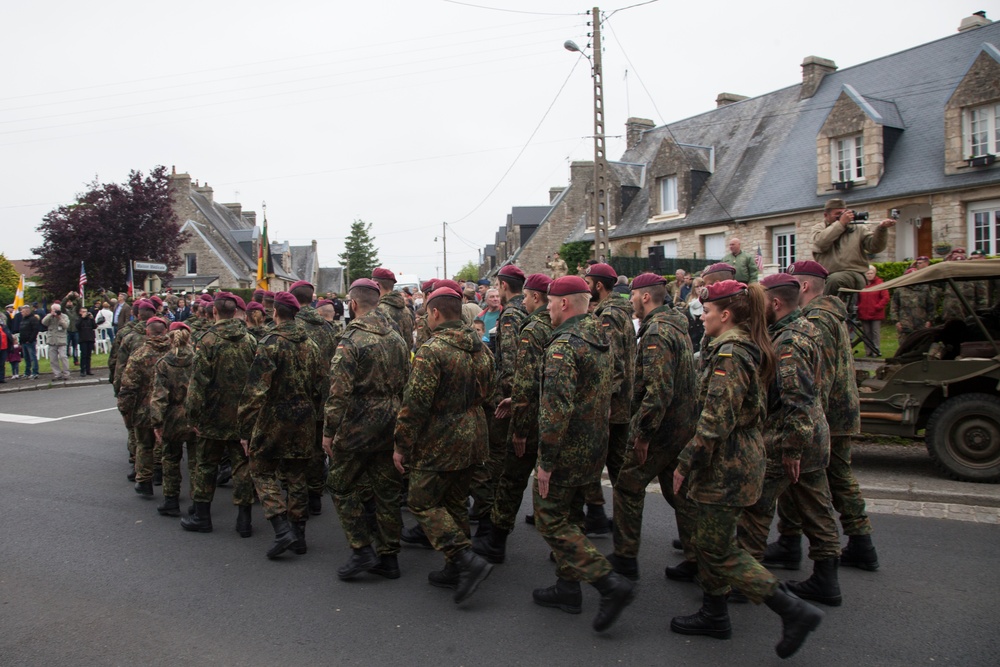 German Soldiers participate in a joint ceremony with U.S. Soldiers in Picauville, France