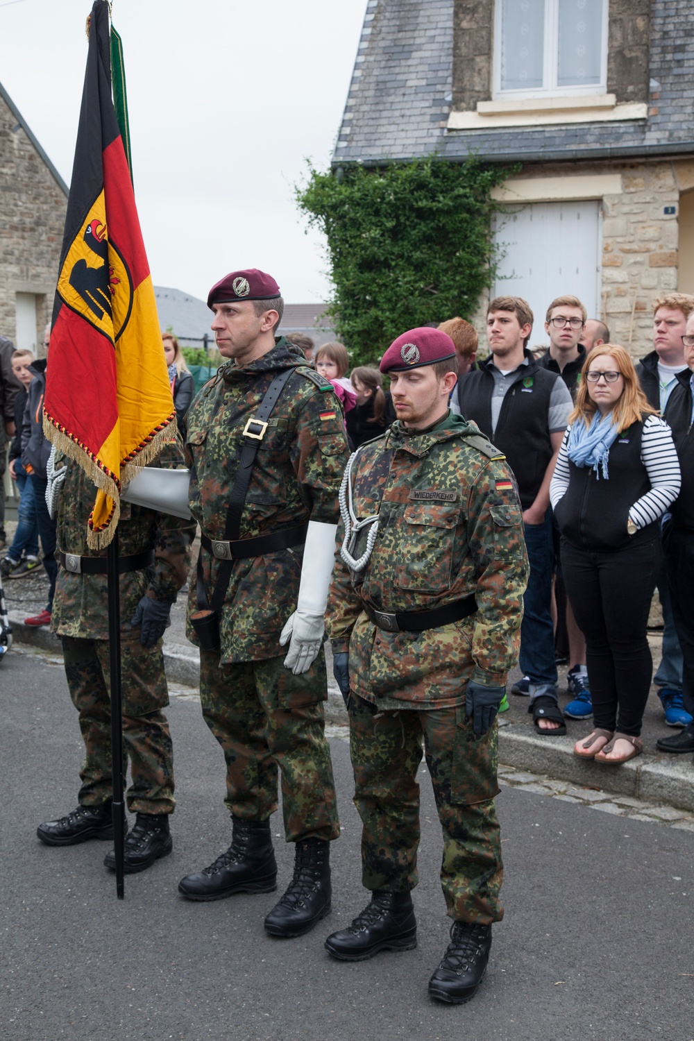 German Soldiers participate in a joint ceremony with U.S. Soldiers in Picauville, France