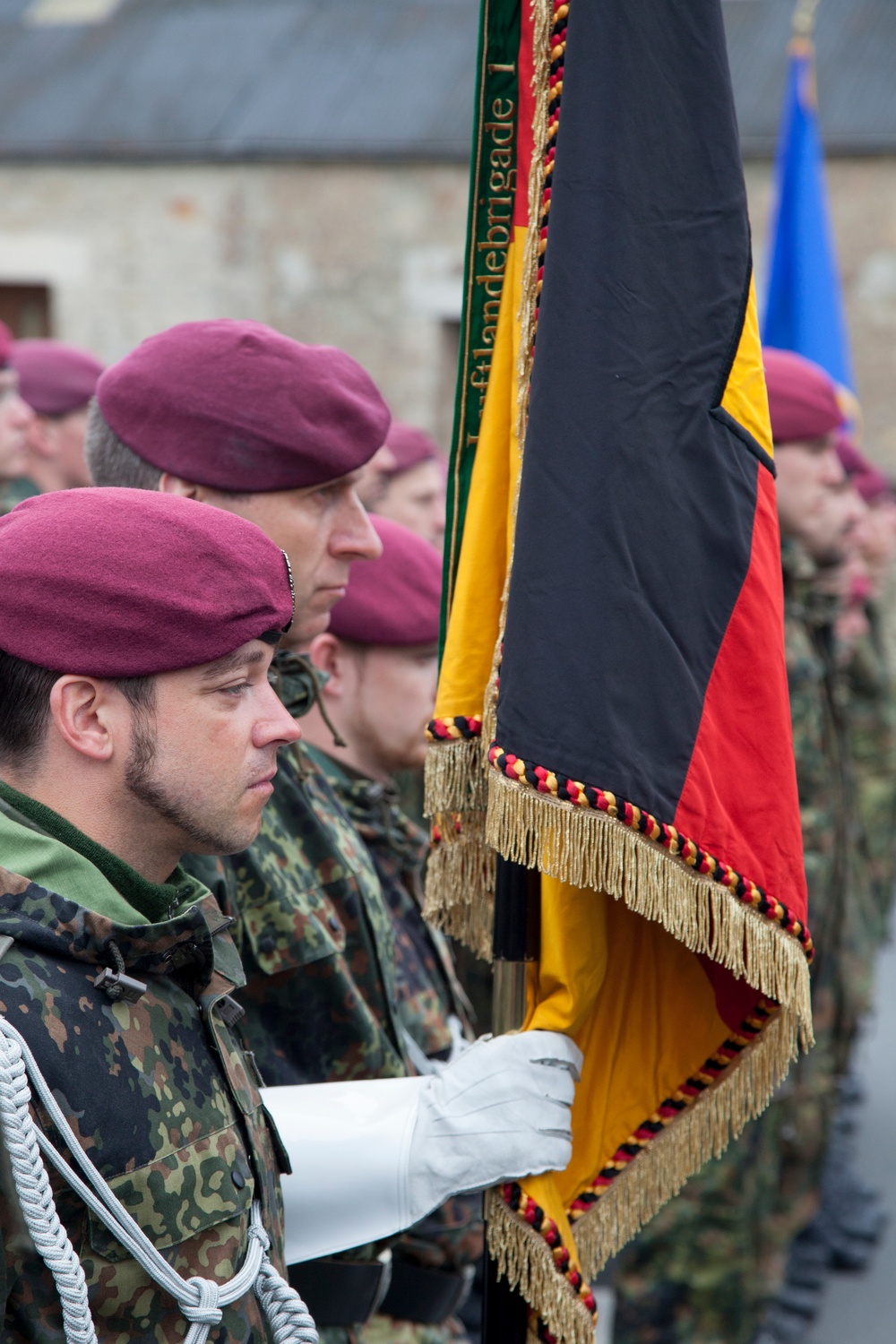 German Soldiers participate in a joint ceremony with U.S. Soldiers in Picauville, France