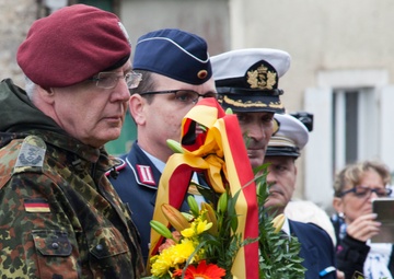 German Soldiers participate in a joint ceremony with U.S. Soldiers in Picauville, France