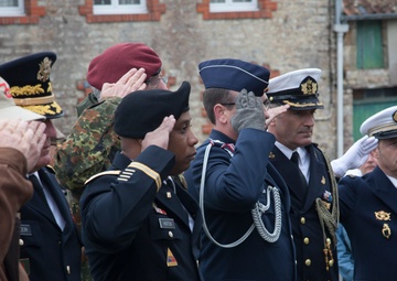 German Soldiers participate in a joint ceremony with U.S. Soldiers in Picauville, France