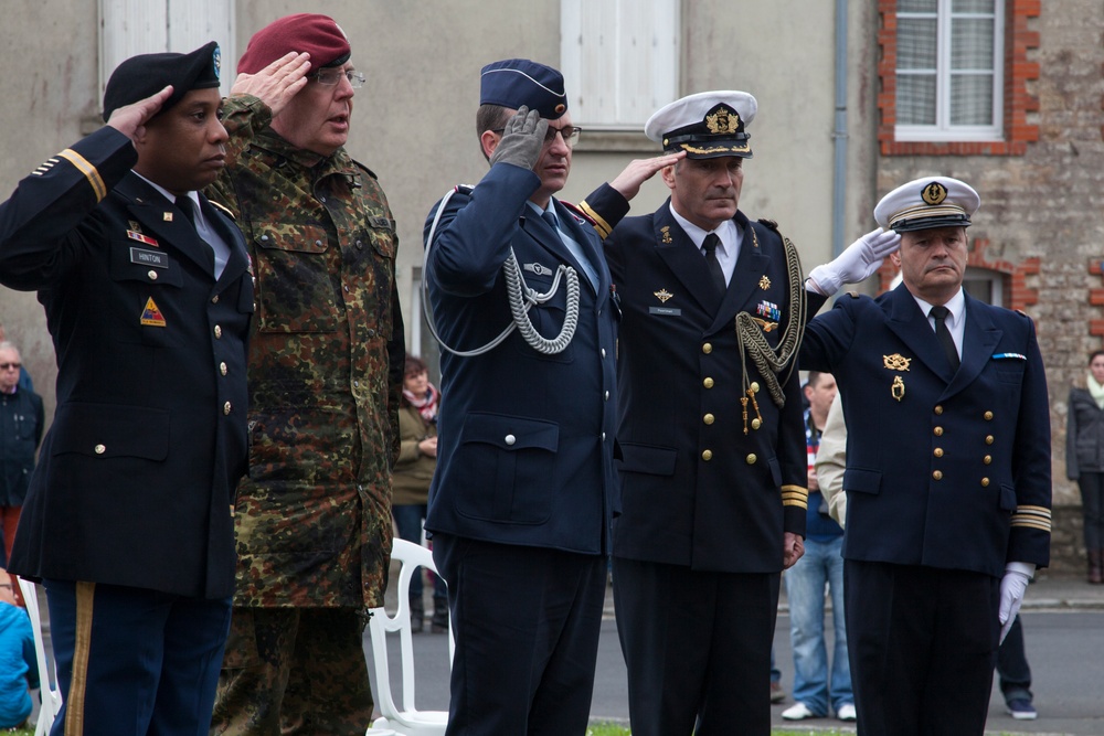 German Soldiers participate in a joint ceremony with U.S. Soldiers in Picauville, France