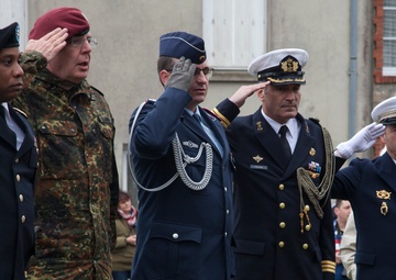 German Soldiers participate in a joint ceremony with U.S. Soldiers in Picauville, France